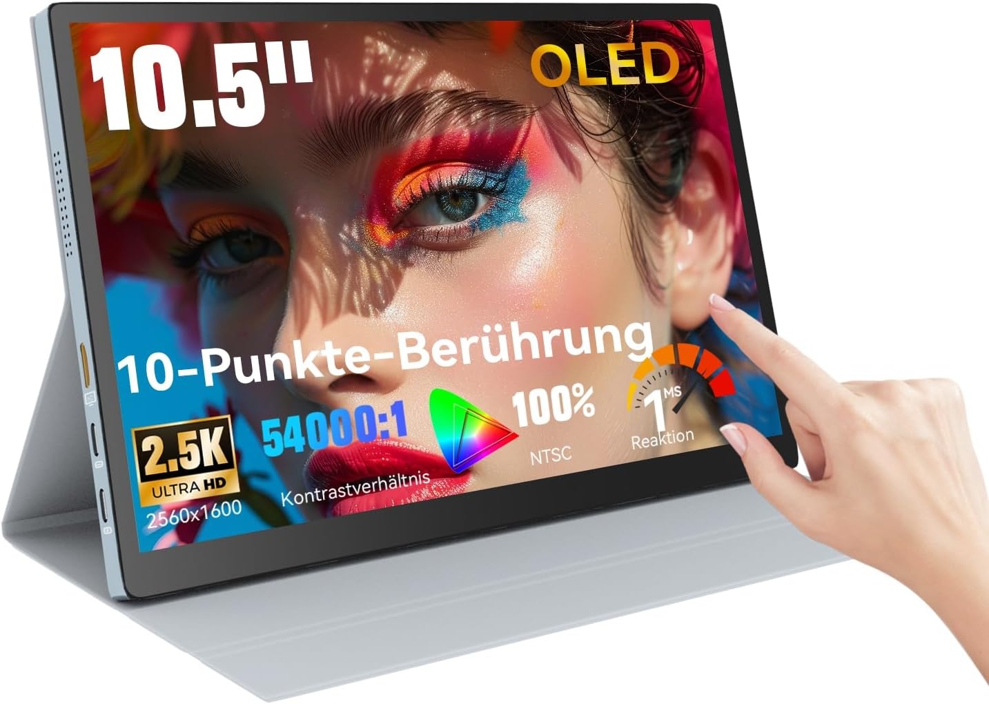 10,5 inch OLED Touchscreen draagbare monitor, 2,5K 2560x1600, 100% NTSC, 54000:1 contrast, mini second touch display met beschermhoes en luidspreker, USBC, HDMI, klein scherm voor laptop, mini-pc