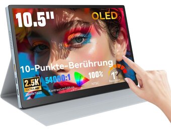 10,5 inch OLED Touchscreen draagbare monitor, 2,5K 2560x1600, 100% NTSC, 54000:1 contrast, mini second touch display met beschermhoes en luidspreker, USBC, HDMI, klein scherm voor laptop, mini-pc