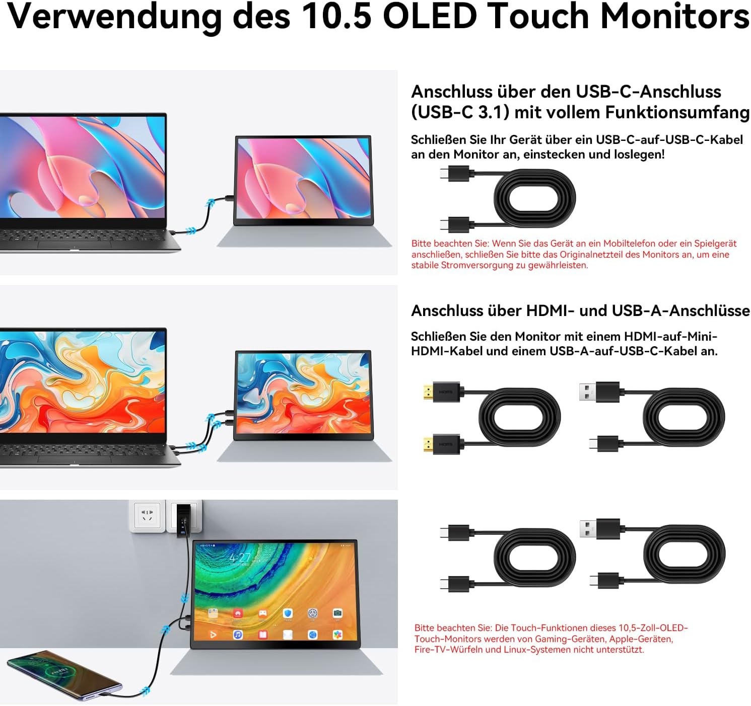 10,5 inch OLED Touchscreen draagbare monitor, 2,5K 2560x1600, 100% NTSC, 54000:1 contrast, mini second touch display met beschermhoes en luidspreker, USBC, HDMI, klein scherm voor laptop, mini-pc