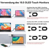 10,5 inch OLED Touchscreen draagbare monitor, 2,5K 2560x1600, 100% NTSC, 54000:1 contrast, mini second touch display met beschermhoes en luidspreker, USBC, HDMI, klein scherm voor laptop, mini-pc