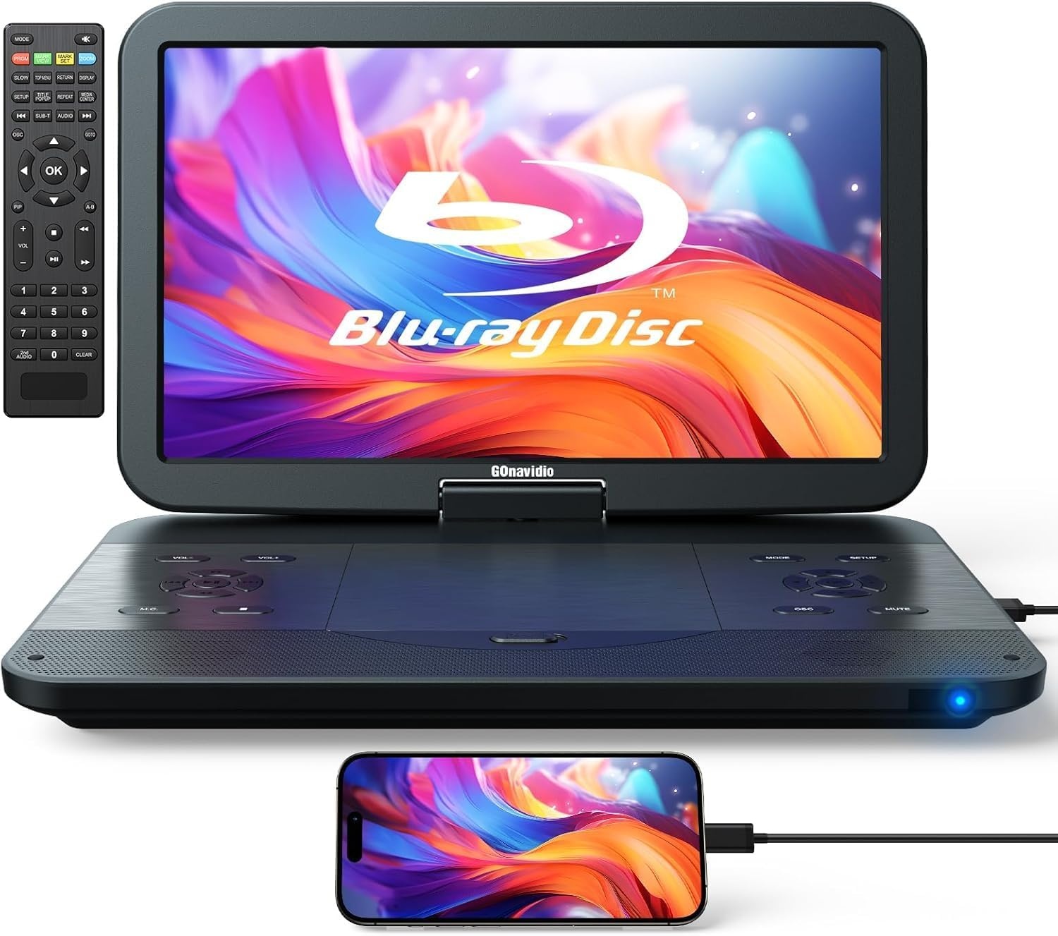 GOnavidio 15.4 Inch Draagbare Blu-ray DVD Speler - 270° Draaibaar Full HD Scherm met HDMI en Accu