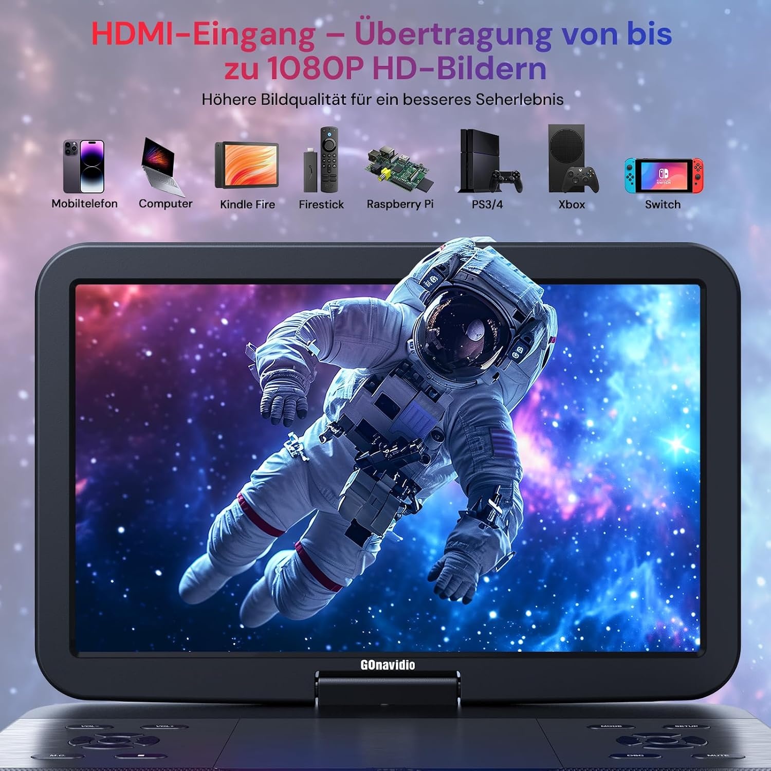 GOnavidio 15.4 Inch Draagbare Blu-ray DVD Speler - 270° Draaibaar Full HD Scherm met HDMI en Accu