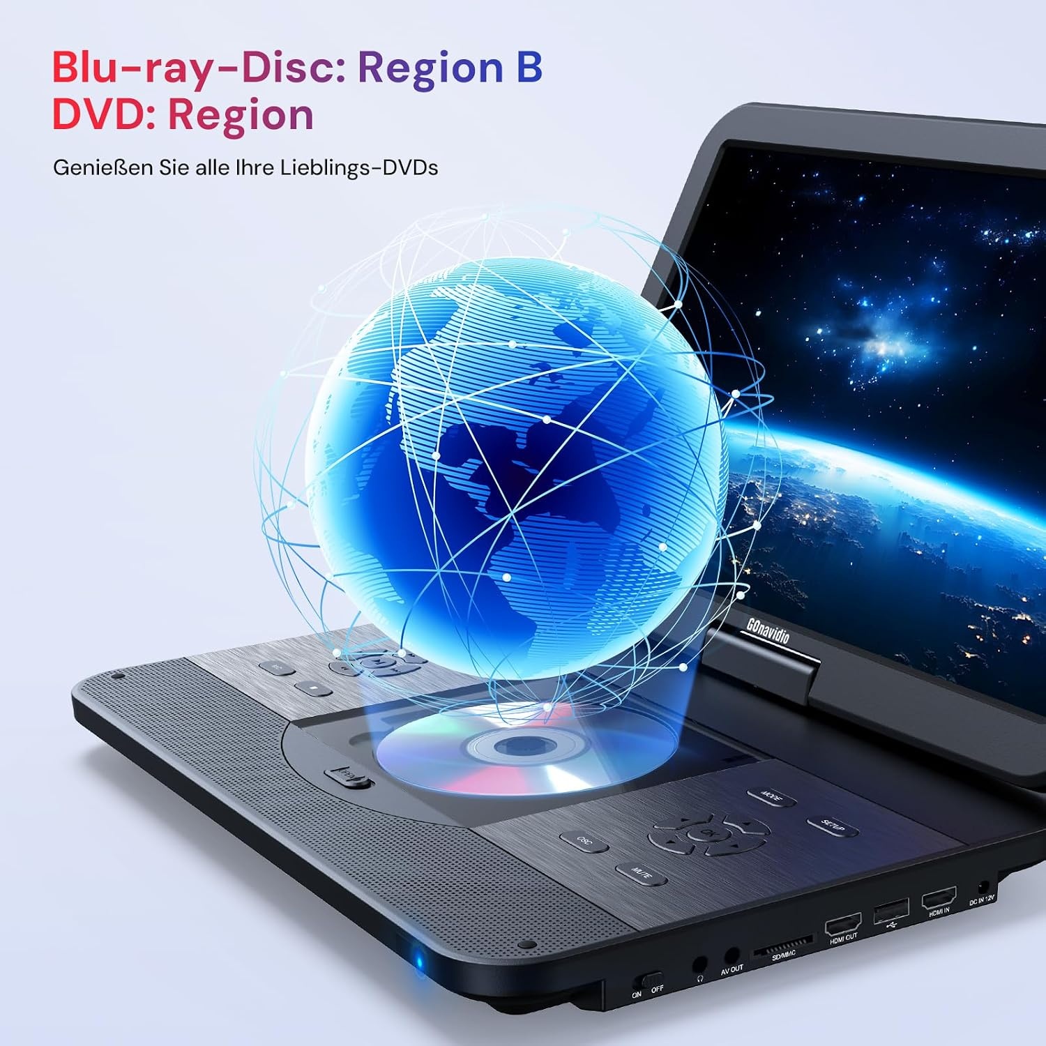 GOnavidio 15.4 Inch Draagbare Blu-ray DVD Speler - 270° Draaibaar Full HD Scherm met HDMI en Accu