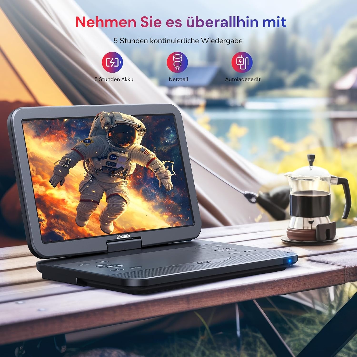 GOnavidio 15.4 Inch Draagbare Blu-ray DVD Speler - 270° Draaibaar Full HD Scherm met HDMI en Accu