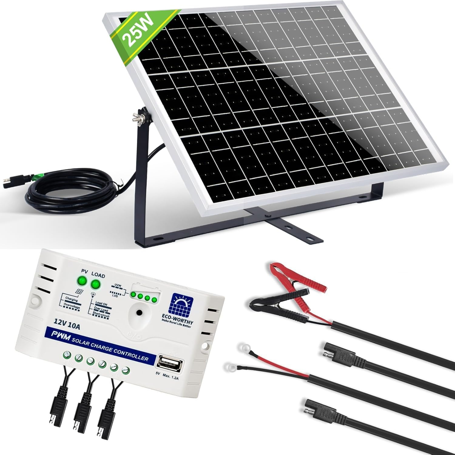 ECO-WORTHY 25W 12V Zonnepaneelset met Laadregelaar en Montagebeugel