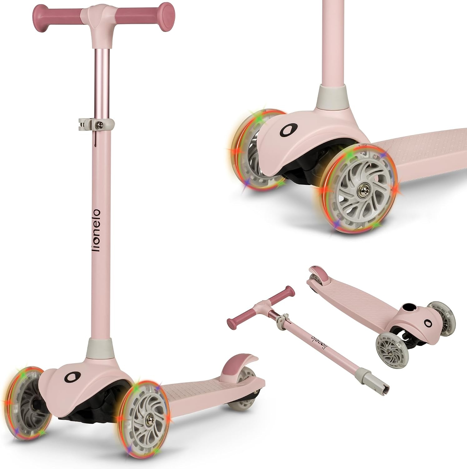 LIONELO Jessy Driewieler Kinderstep met LED Wielen – Balanceer Step voor Kinderen vanaf 3 jaar, tot 50 kg – Verstelbare Hoogte, Stabiel, Antislip Platform, Lichtgewicht Stevige Constructie, Roze