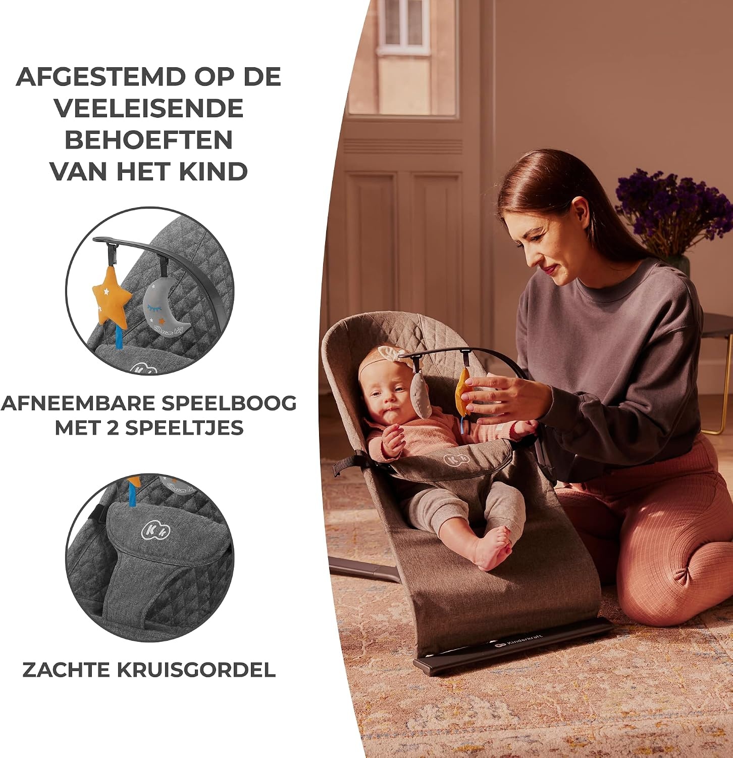 Kinderkraft MIMI Babywipstoel - Verstelbaar - Scandinavisch Design - Grijs