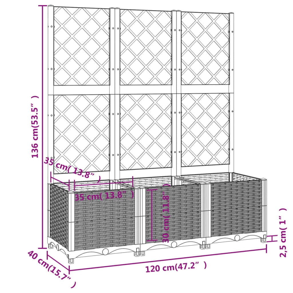 vidaXL Plantenbak met latwerk 120x40x136 cm polypropeen lichtgrijs