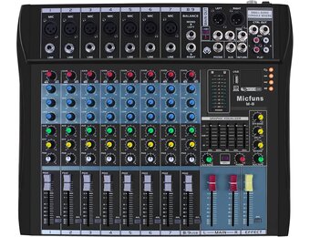 live mixing panel. professional, 8 channels, stereo sound, mixing console, Bluetooth, USB, recording, computer playback, phantom power, digital audio mixer, amplifier
