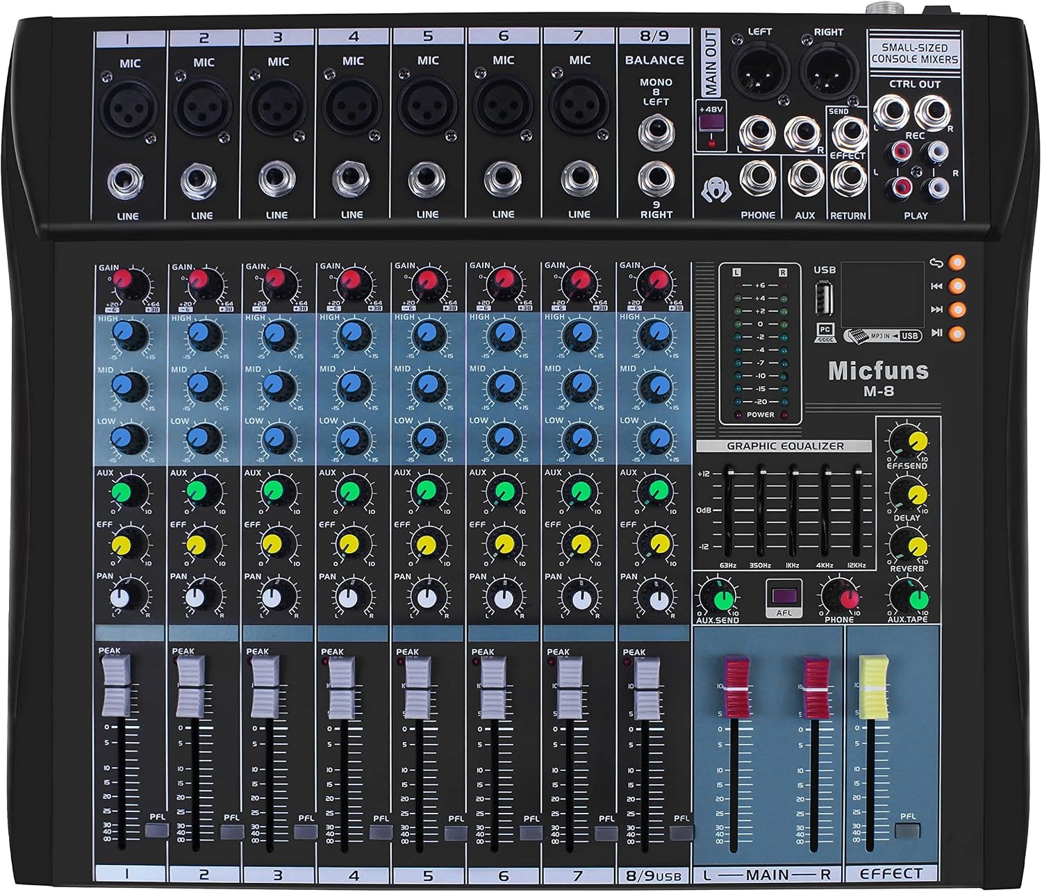 live mixing panel. professional, 8 channels, stereo sound, mixing console, Bluetooth, USB, recording, computer playback, phantom power, digital audio mixer, amplifier