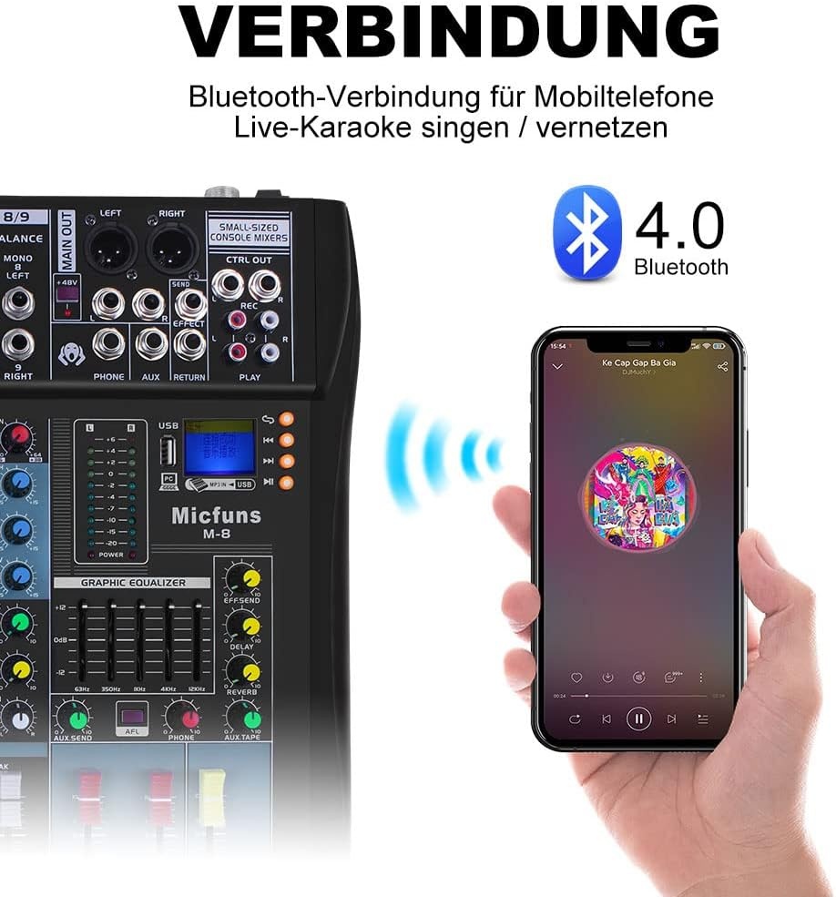 live mixing panel. professional, 8 channels, stereo sound, mixing console, Bluetooth, USB, recording, computer playback, phantom power, digital audio mixer, amplifier