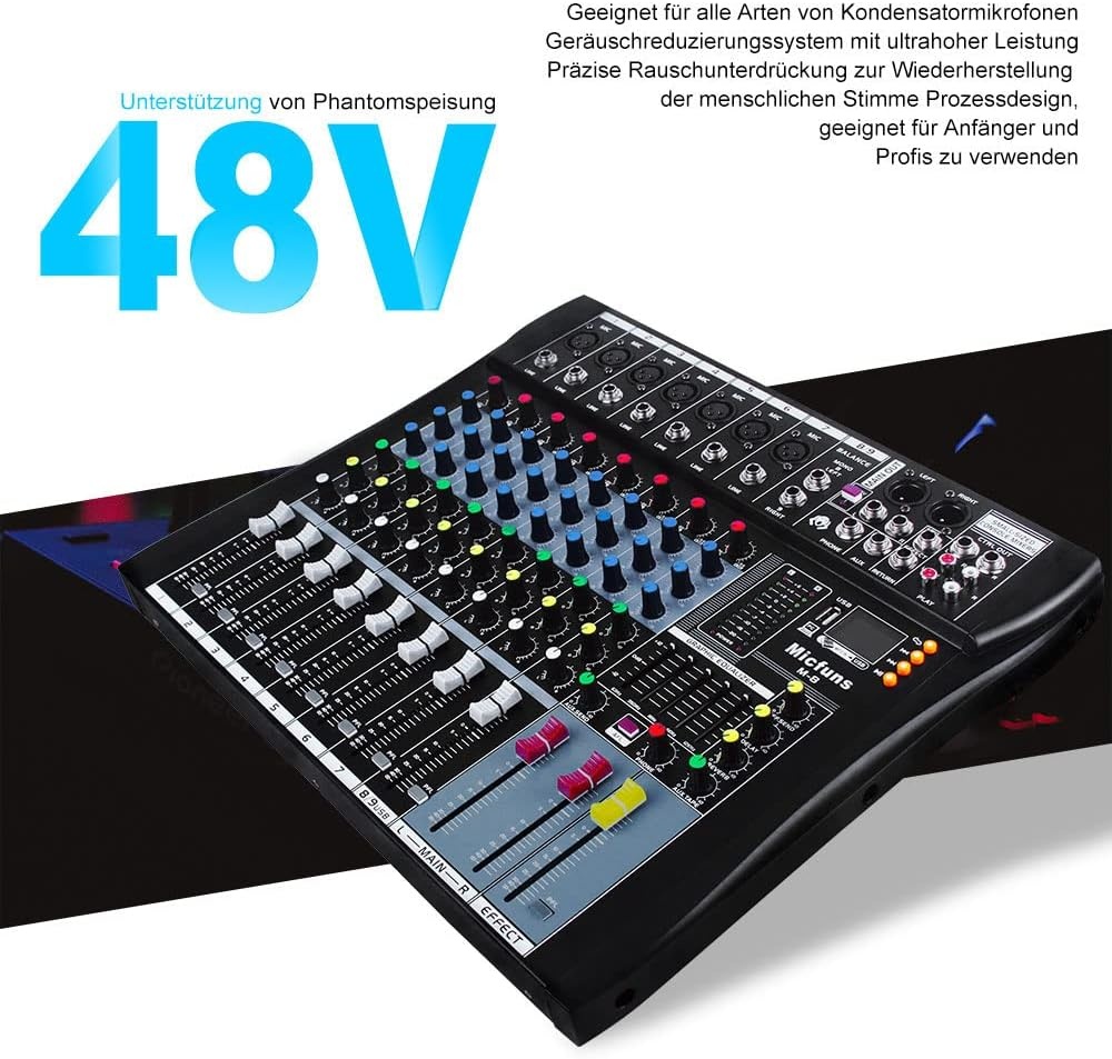 live mixing panel. professional, 8 channels, stereo sound, mixing console, Bluetooth, USB, recording, computer playback, phantom power, digital audio mixer, amplifier