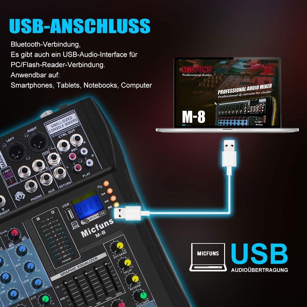 live mixing panel. professional, 8 channels, stereo sound, mixing console, Bluetooth, USB, recording, computer playback, phantom power, digital audio mixer, amplifier