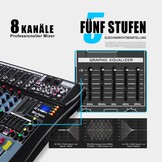 live mixing panel. professional, 8 channels, stereo sound, mixing console, Bluetooth, USB, recording, computer playback, phantom power, digital audio mixer, amplifier
