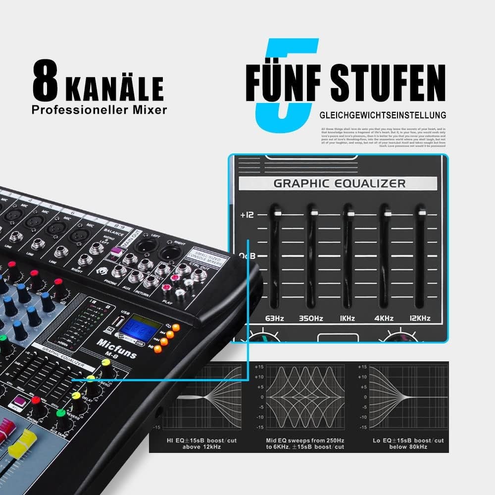 live mixing panel. professional, 8 channels, stereo sound, mixing console, Bluetooth, USB, recording, computer playback, phantom power, digital audio mixer, amplifier