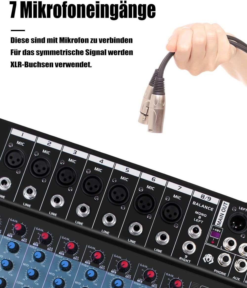 live mixing panel. professional, 8 channels, stereo sound, mixing console, Bluetooth, USB, recording, computer playback, phantom power, digital audio mixer, amplifier