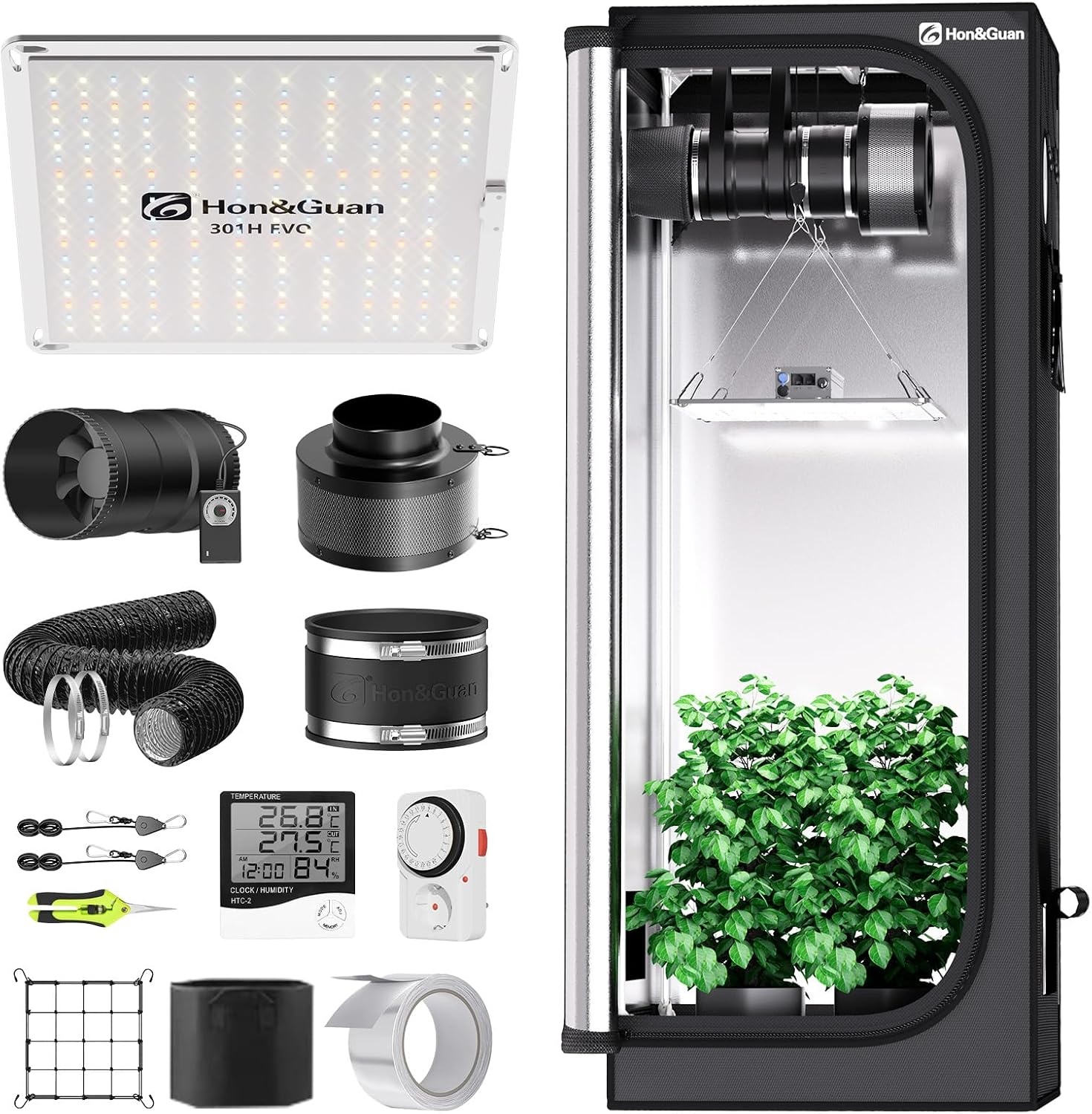 Hon&Guan Kweekset 60x60x160 cm Zwart - Complete Grow Tent met LED Verlichting