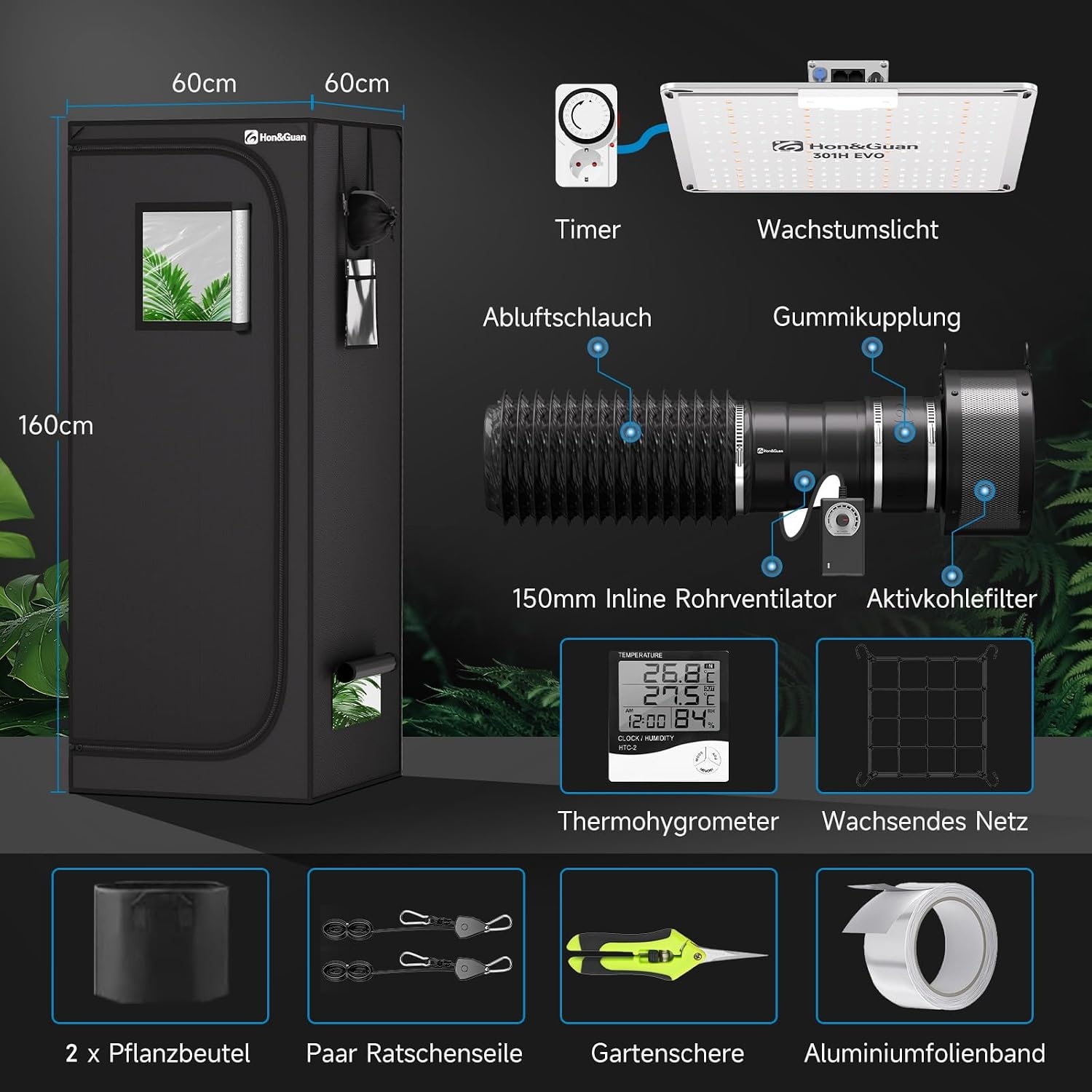 Hon&Guan Kweekset 60x60x160 cm Zwart - Complete Grow Tent met LED Verlichting