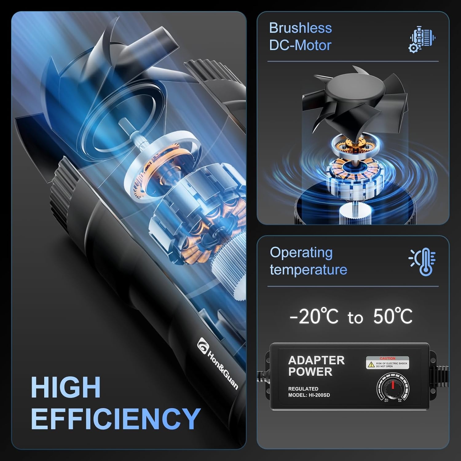 Hon&Guan 200 mm Pipe Fan, 1060 m³/h Adjustable, Exhaust Fan, Pipe Fan with EU Plug, Duct Fan with Support for Conservatory, Greenhouse, Basement, Garage, Kitchen, Black - Maat 200mm