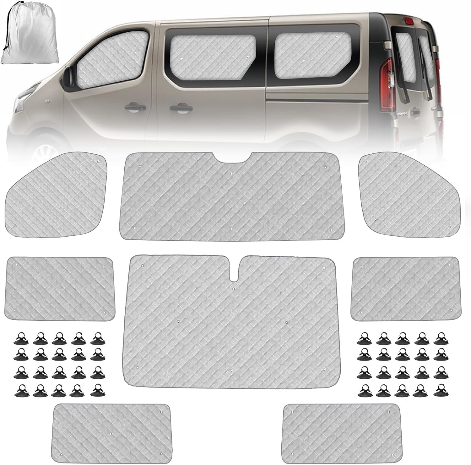 8 stuks camper voorruit, zonwering, vervanging voor 2015-2024 Renault Trafic LWB, zonwering voor voorruit met opbergtas, 100% occlusie, 8 stuks