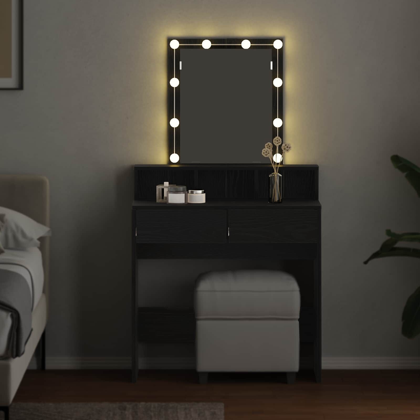 Kaptafel met Lade & LED Zwart Eiken - 34% Korting