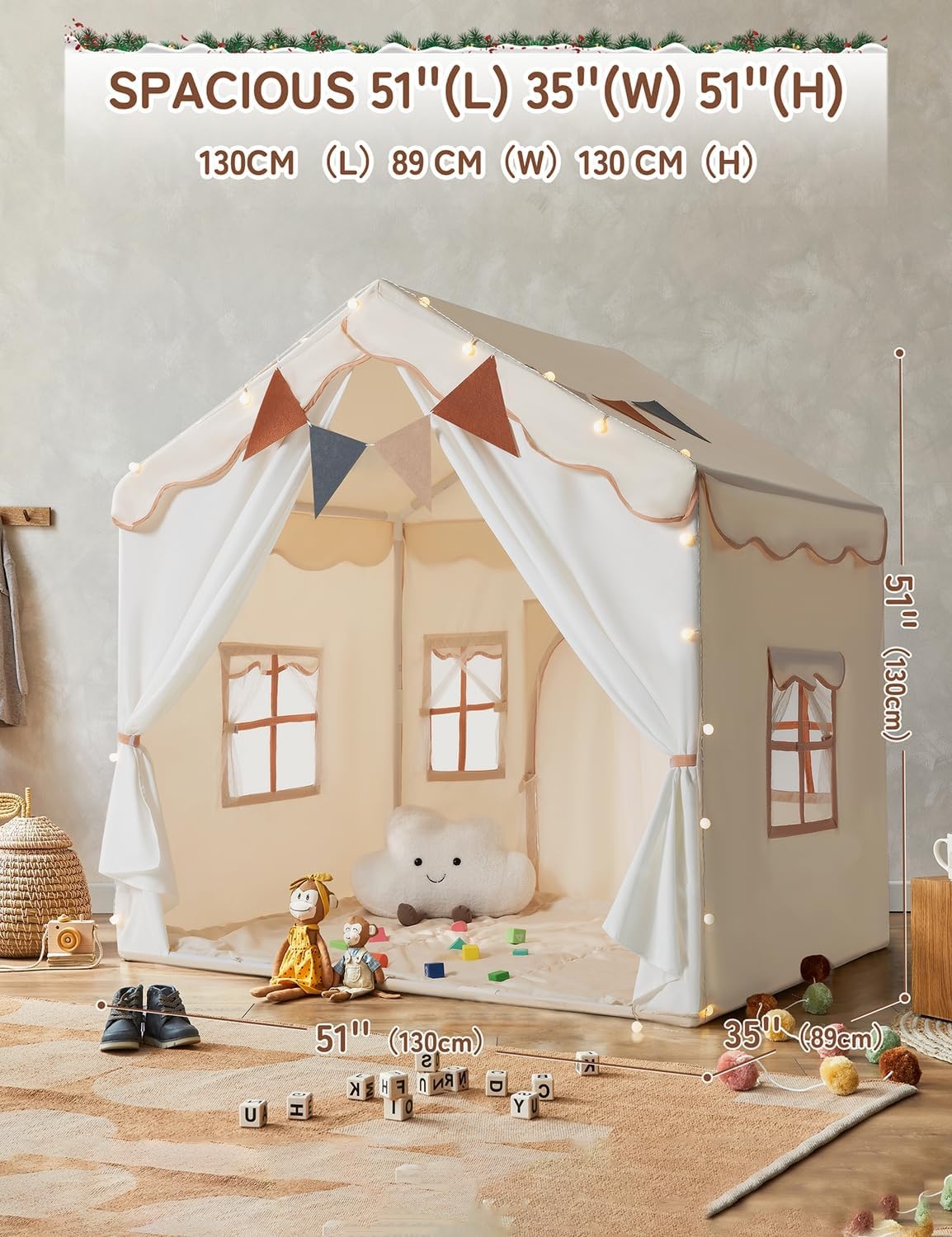 2-in-1 Kindertent: Speeltent & Bedtent met Speelmat & Verlichting | Beige | 34% Korting