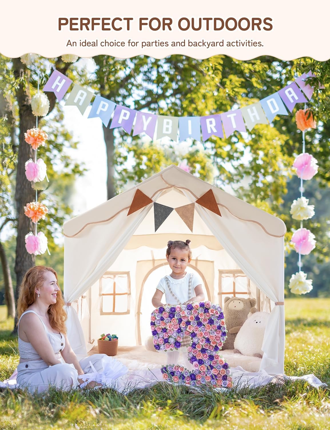 2-in-1 Kindertent: Speeltent & Bedtent met Speelmat & Verlichting | Beige | 34% Korting