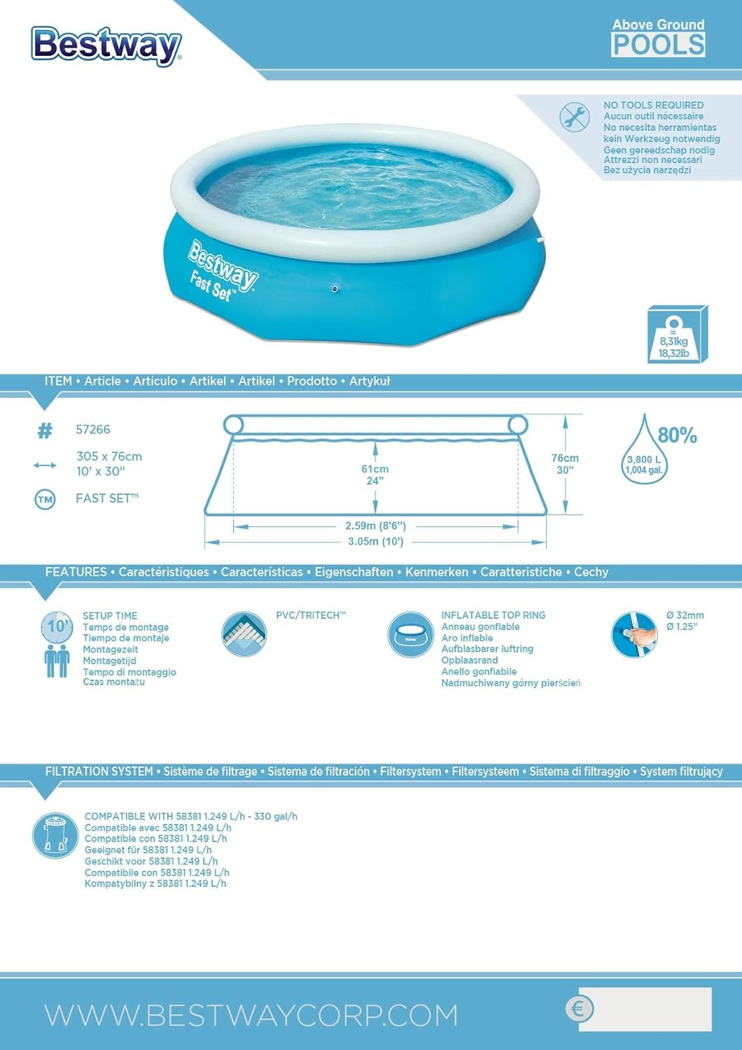 Opzetzwembad Ø 305x76 cm Blauw - 34% Korting!