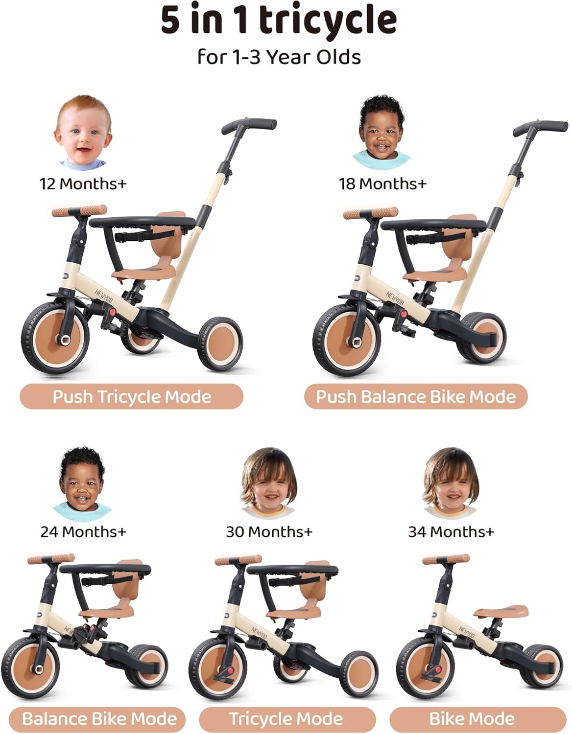 5-in-1 Kinderdriewieler & Loopfiets Khaki - 34% Korting