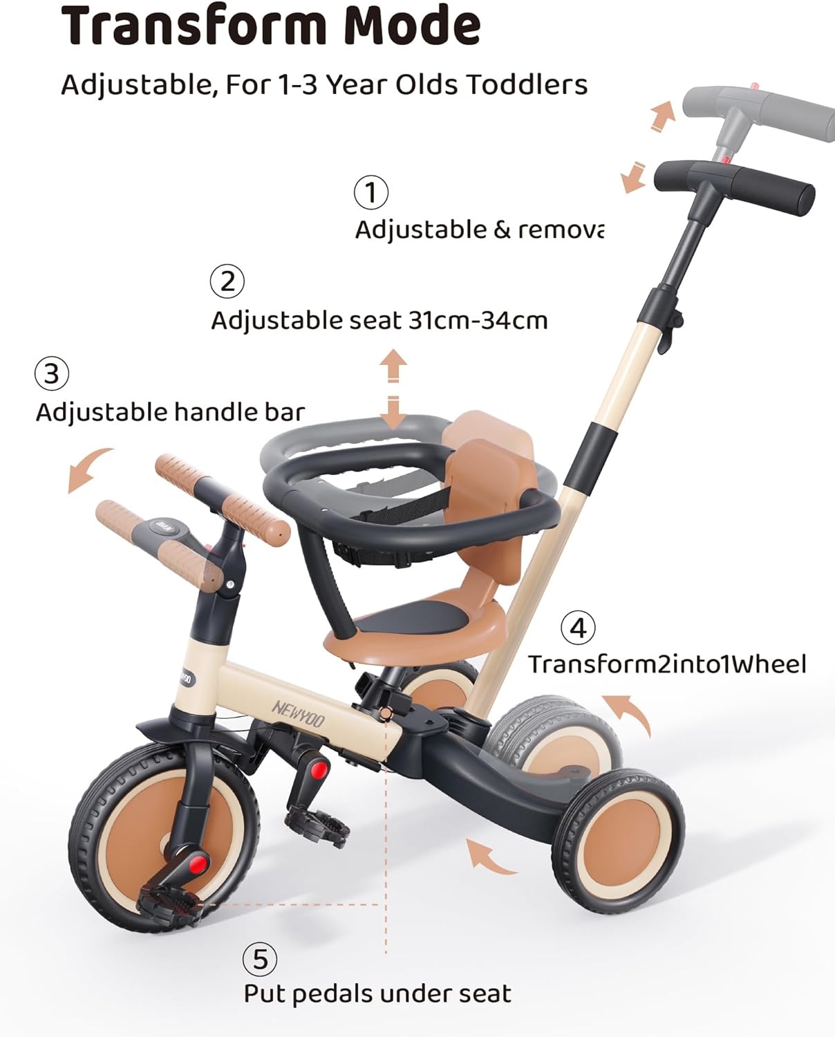 5-in-1 Kinderdriewieler & Loopfiets Khaki - 34% Korting