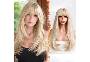 Lange Blonde Pruik Dames | 61cm Synthetisch Haar met Pony | 54% Korting