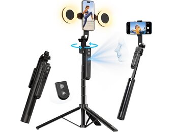 yAyusi 70,9" Selfiestick Statief met Automatische Gezichtsherkenning voor iPhone Inclusief Verlichting, 360° Draaibaar Statief met Afstandsbediening voor TikTok/Vlog/Livestreaming/Video-opnames