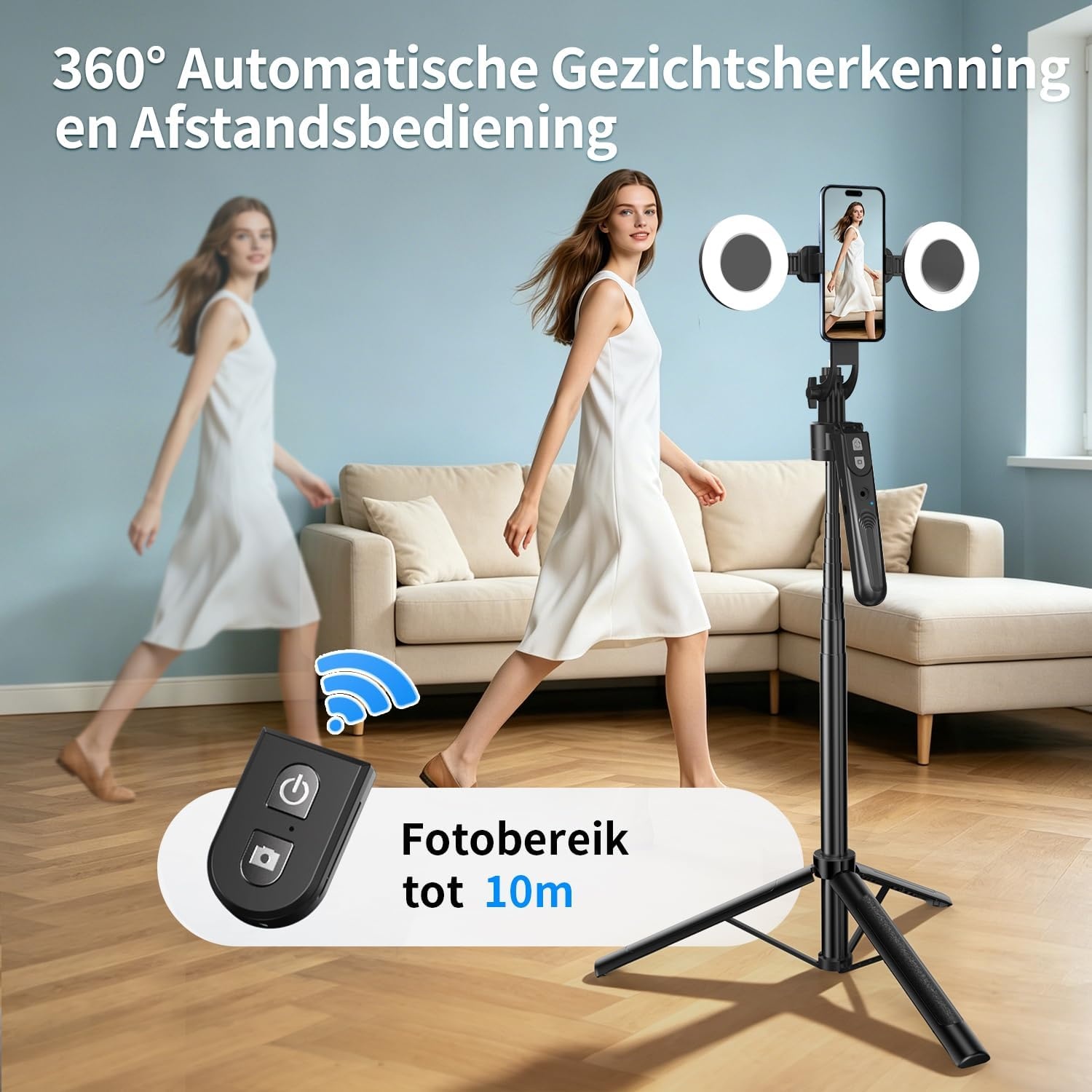 yAyusi 70,9" Selfiestick Statief met Automatische Gezichtsherkenning voor iPhone Inclusief Verlichting, 360° Draaibaar Statief met Afstandsbediening voor TikTok/Vlog/Livestreaming/Video-opnames