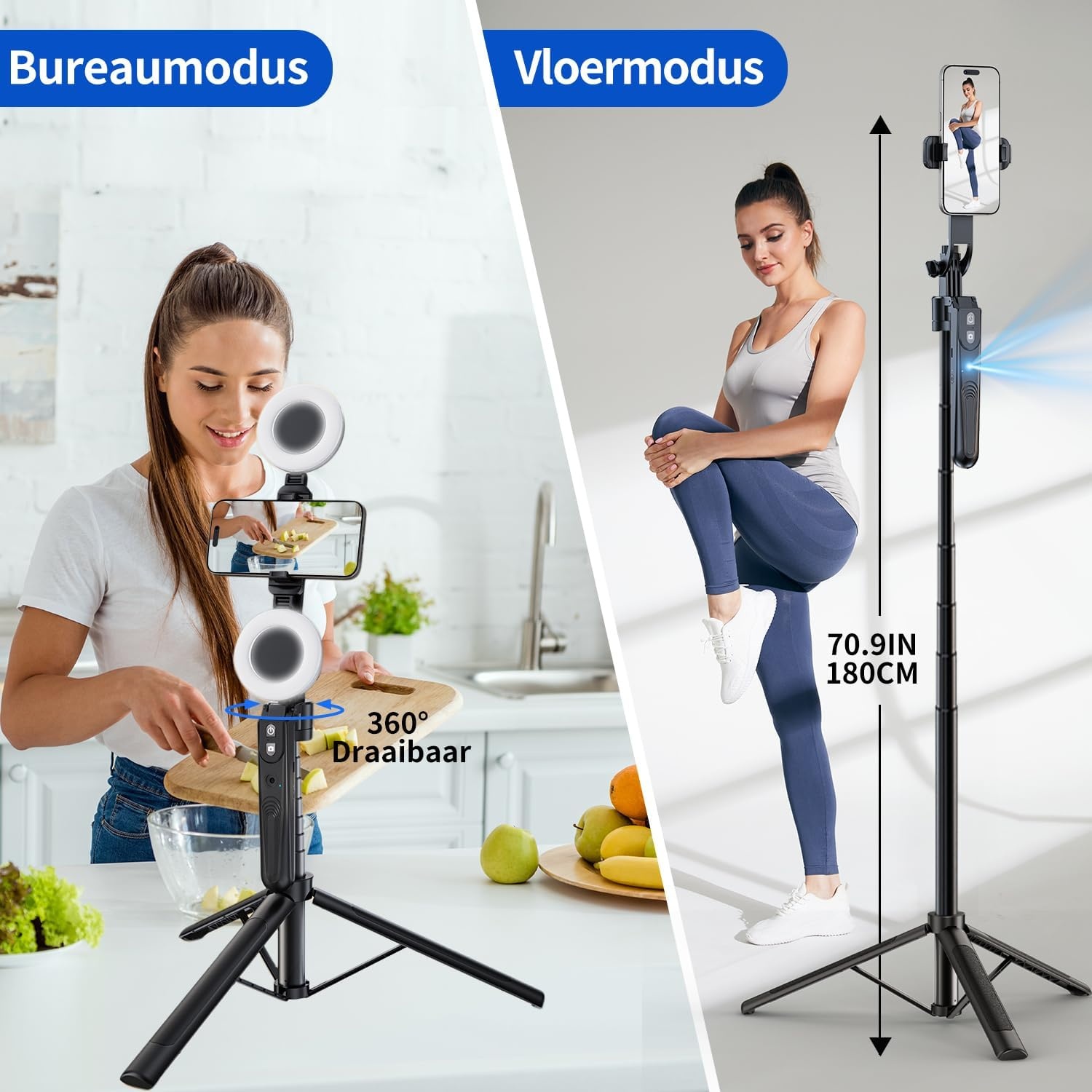 yAyusi 70,9" Selfiestick Statief met Automatische Gezichtsherkenning voor iPhone Inclusief Verlichting, 360° Draaibaar Statief met Afstandsbediening voor TikTok/Vlog/Livestreaming/Video-opnames
