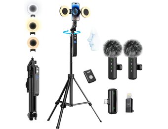 yAyusi Vlogging Kit, 71 inch Auto Face Tracking Statief voor iPhone, 360 ° Rotatie Uitschuifbaar Telefoonstatief met Verlichting, Draadloze Microfoon, Content Creator Essentials Starter Kit voor