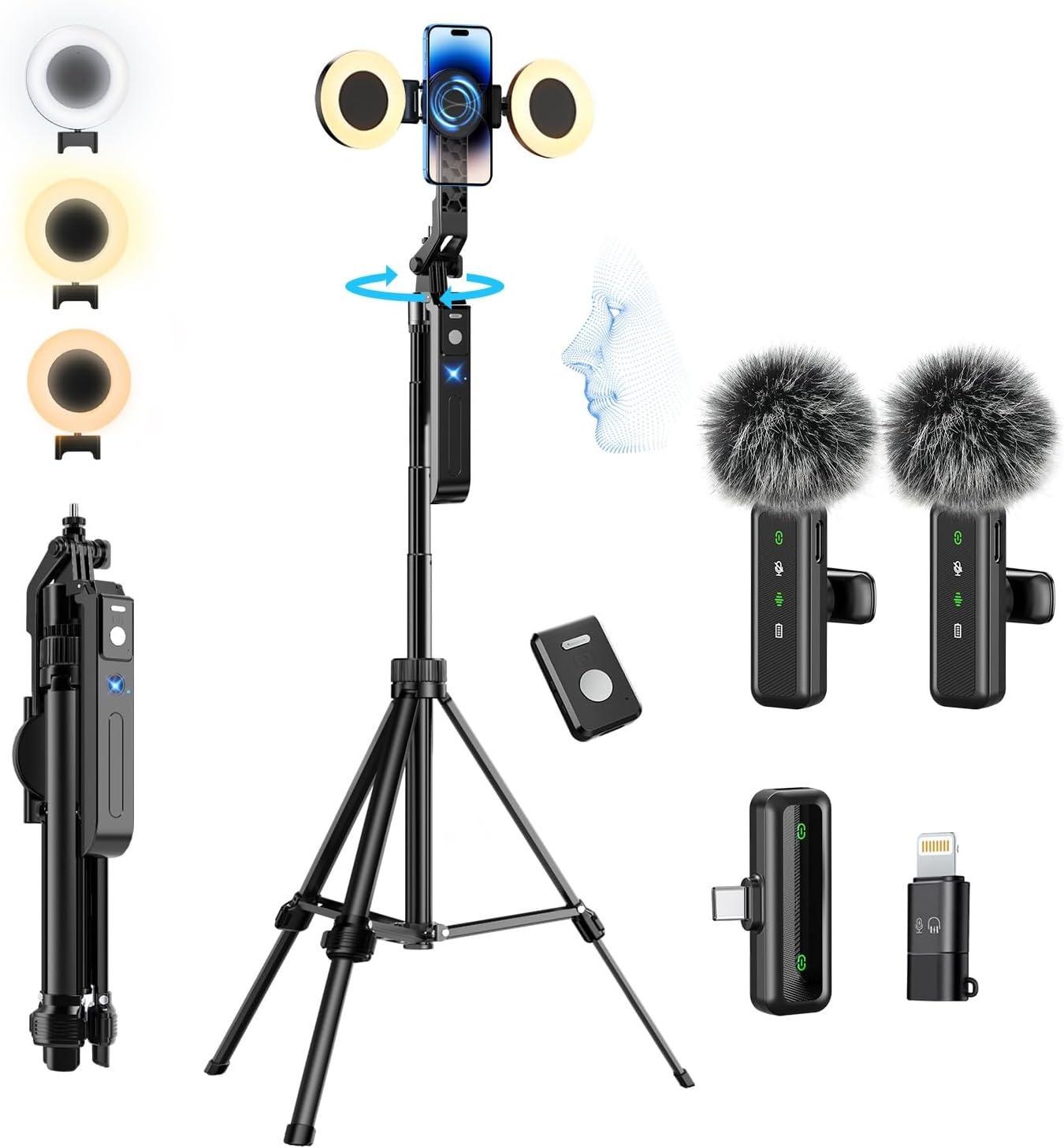 yAyusi Vlogging Kit, 71 inch Auto Face Tracking Statief voor iPhone, 360 ° Rotatie Uitschuifbaar Telefoonstatief met Verlichting, Draadloze Microfoon, Content Creator Essentials Starter Kit voor