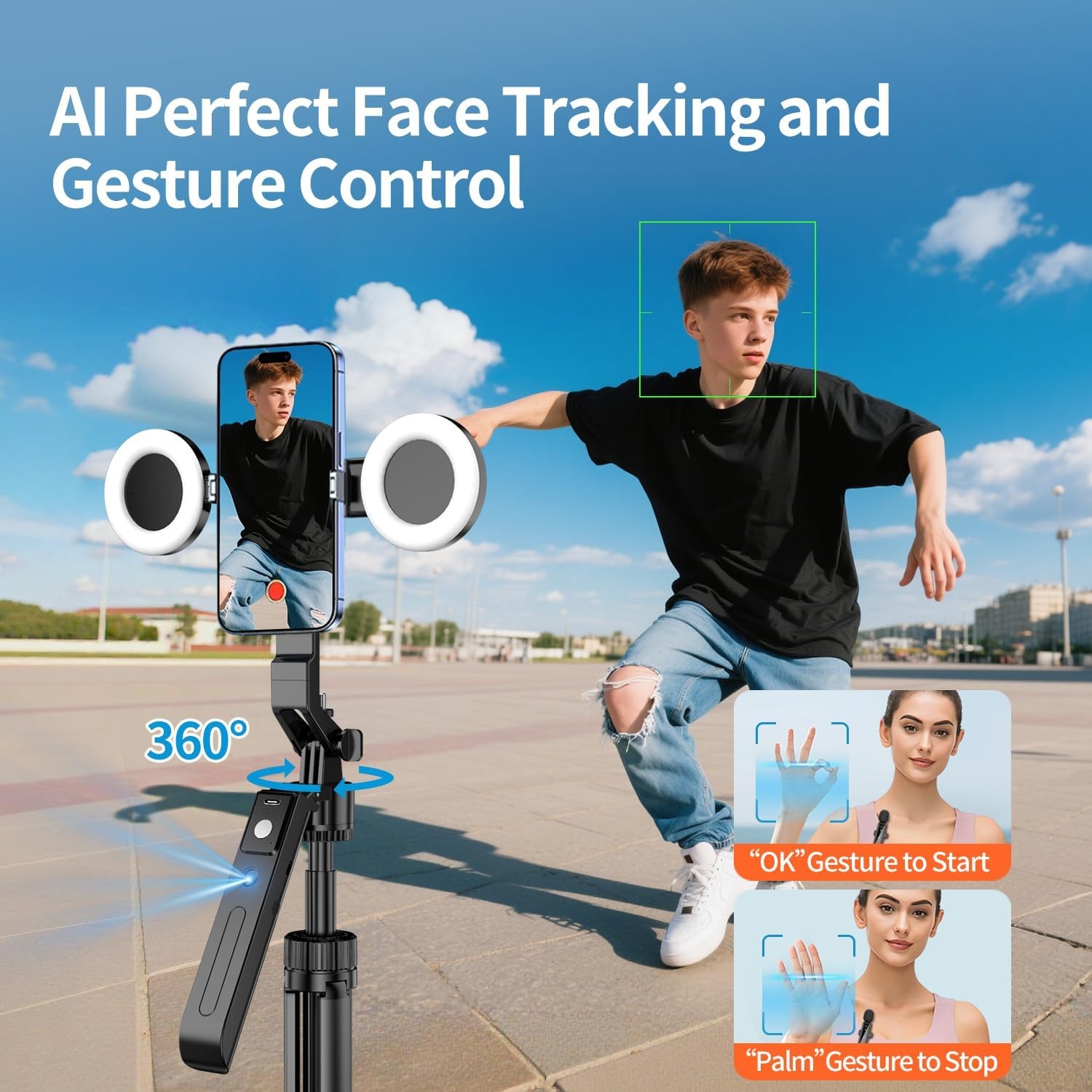 yAyusi Vlogging Kit, 71 inch Auto Face Tracking Statief voor iPhone, 360 ° Rotatie Uitschuifbaar Telefoonstatief met Verlichting, Draadloze Microfoon, Content Creator Essentials Starter Kit voor