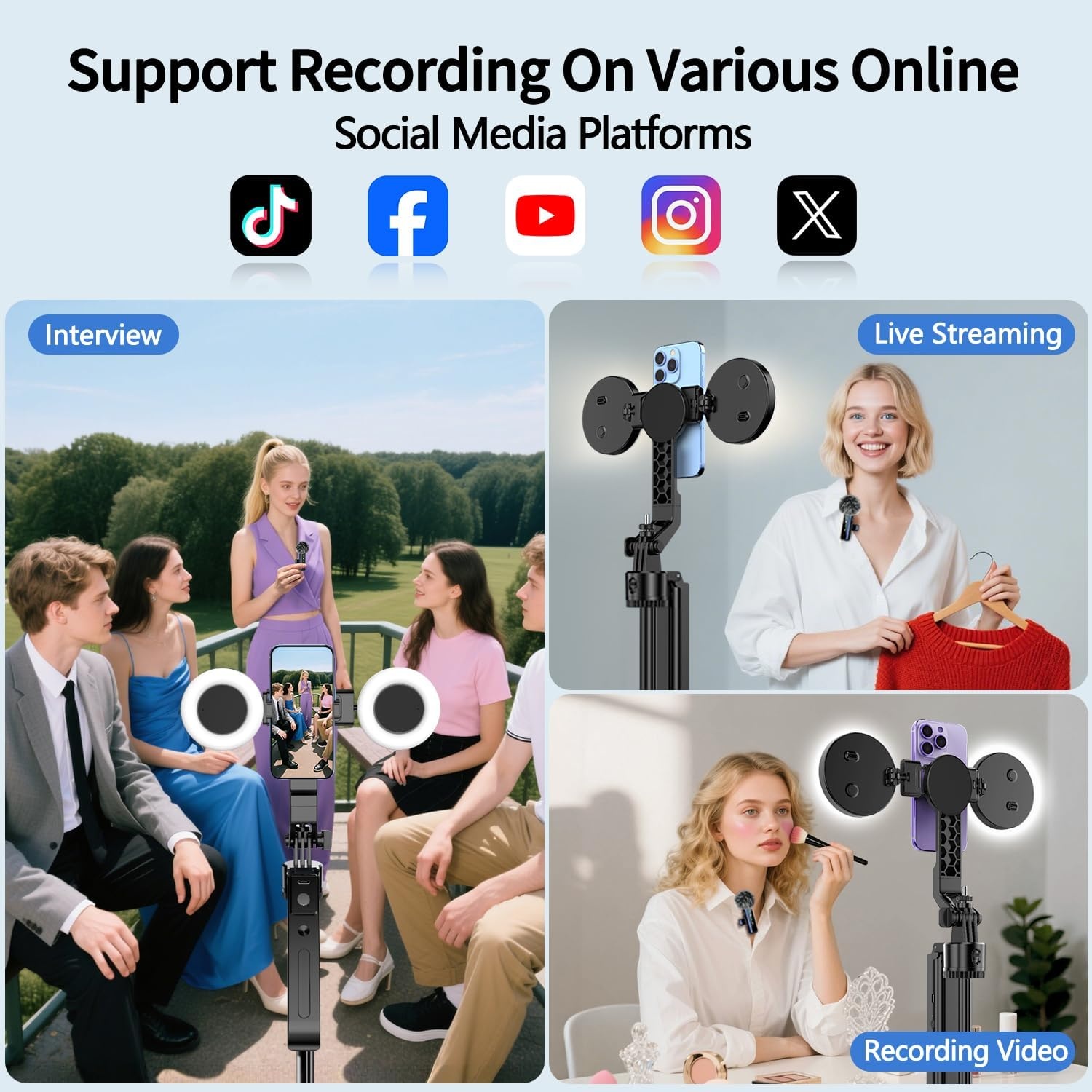 yAyusi Vlogging Kit, 71 inch Auto Face Tracking Statief voor iPhone, 360 ° Rotatie Uitschuifbaar Telefoonstatief met Verlichting, Draadloze Microfoon, Content Creator Essentials Starter Kit voor