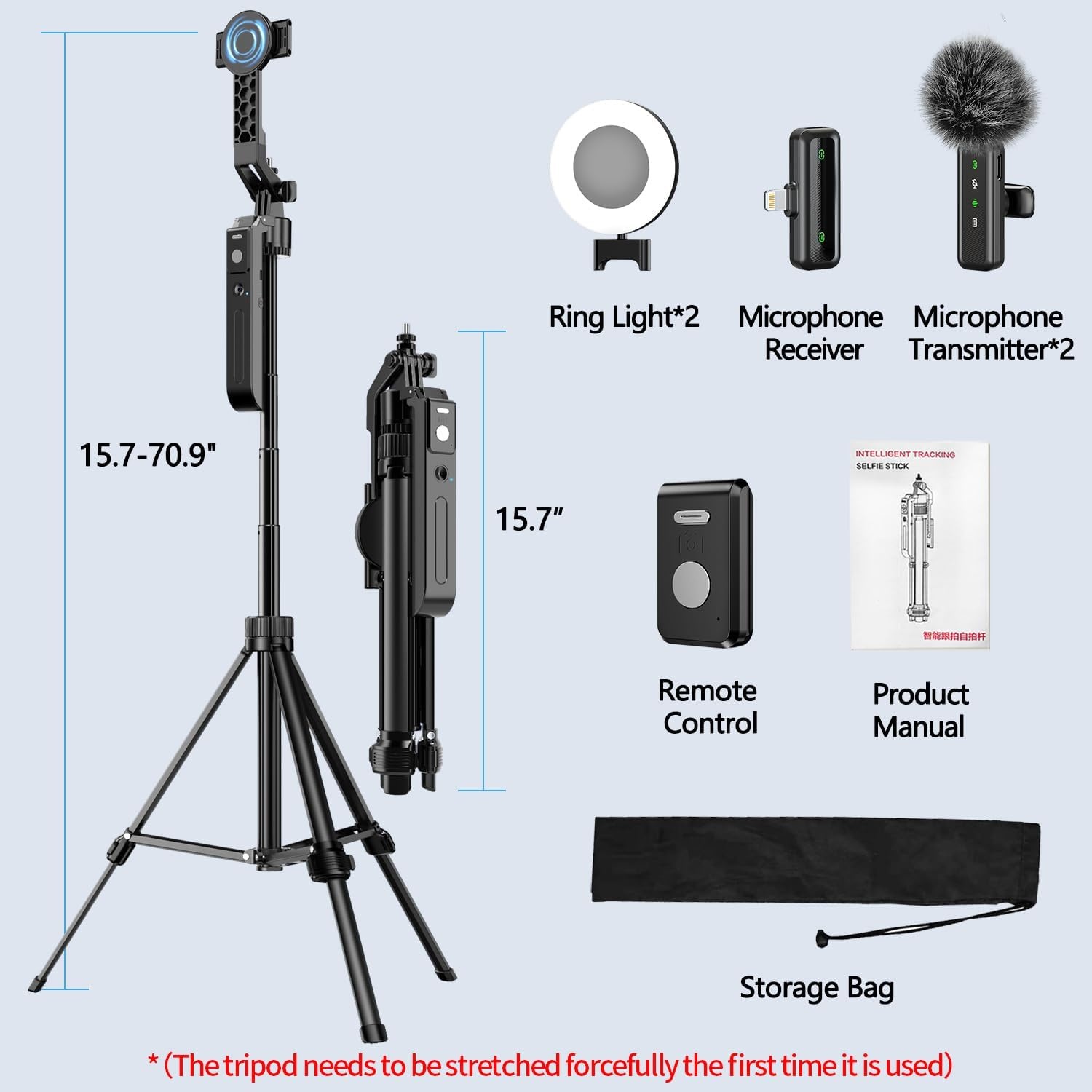 yAyusi Vlogging Kit, 71 inch Auto Face Tracking Statief voor iPhone, 360 ° Rotatie Uitschuifbaar Telefoonstatief met Verlichting, Draadloze Microfoon, Content Creator Essentials Starter Kit voor