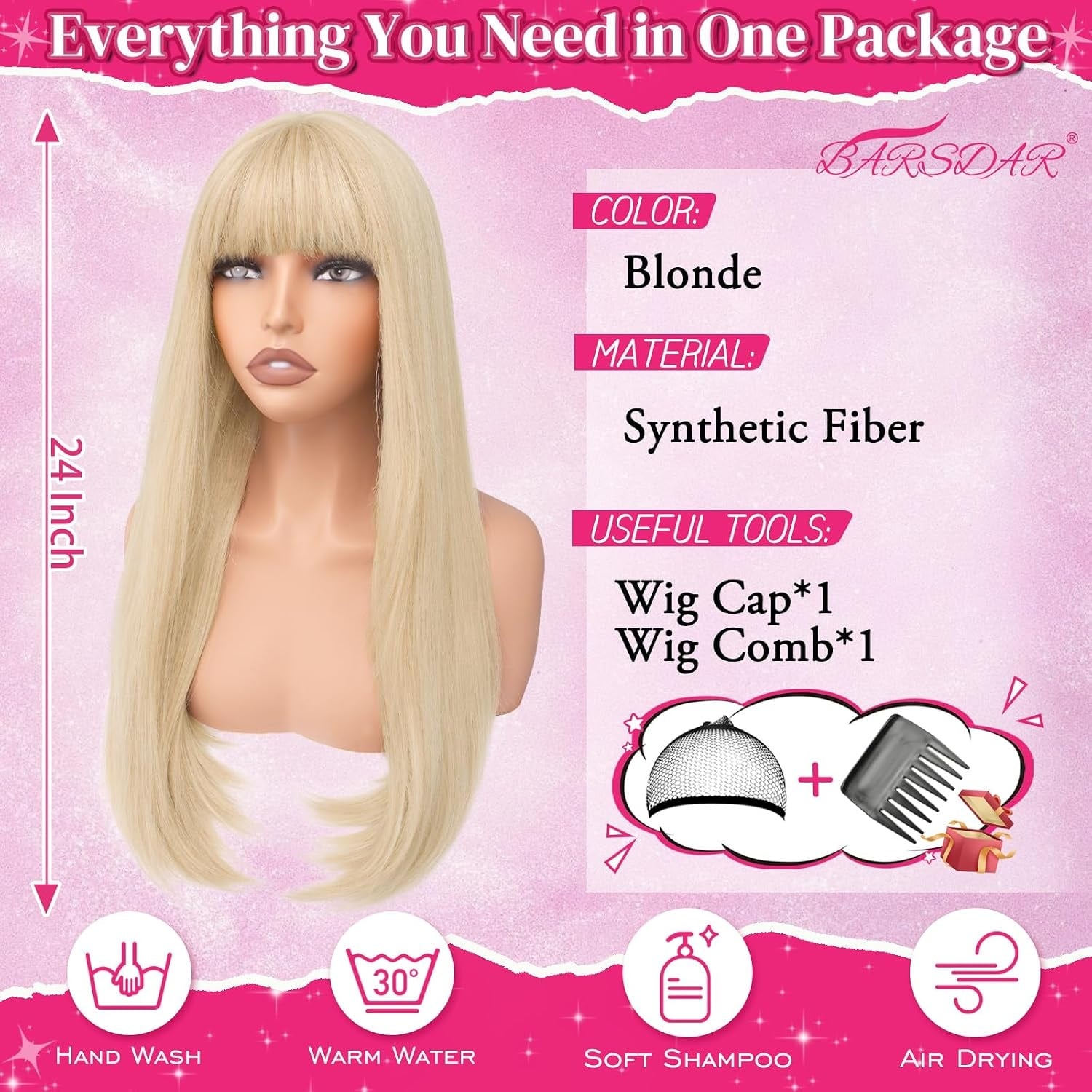 Blonde Pruik Lang Recht met Pony - 58% Korting