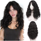 BARSDAR Golvend Bruin Pruik, Medium Lengte Golvend Donker Bruin Pruiken voor Vrouwen 50cm Synthetisch Krullend Pruik met Face-Framing Curtain Bangs Natuurlijke Look Dagelijks Halloween Haar Pruiken