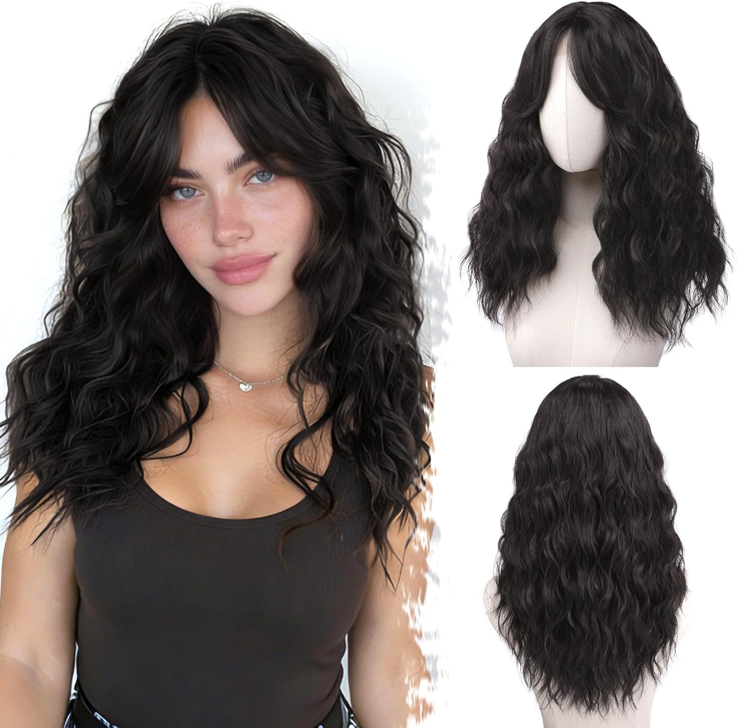 BARSDAR Golvend Bruin Pruik, Medium Lengte Golvend Donker Bruin Pruiken voor Vrouwen 50cm Synthetisch Krullend Pruik met Face-Framing Curtain Bangs Natuurlijke Look Dagelijks Halloween Haar Pruiken