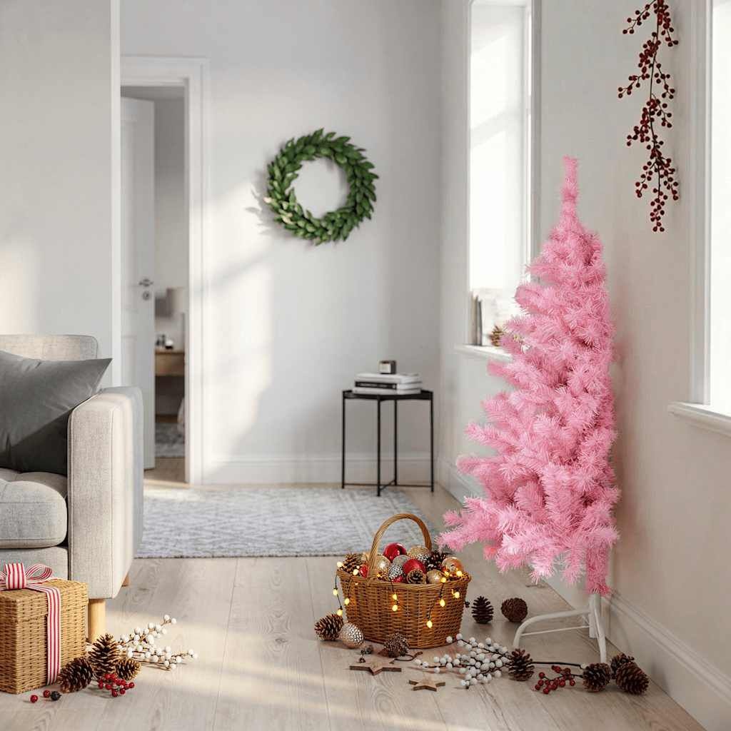vidaXL Kunstkerstboom met standaard half 120 cm PVC roze