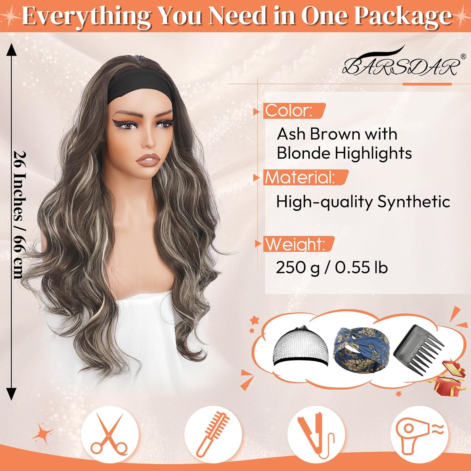 BARSDAR Body Wave Headband Pruik 66 cm - Asbruin met Blonde Highlights