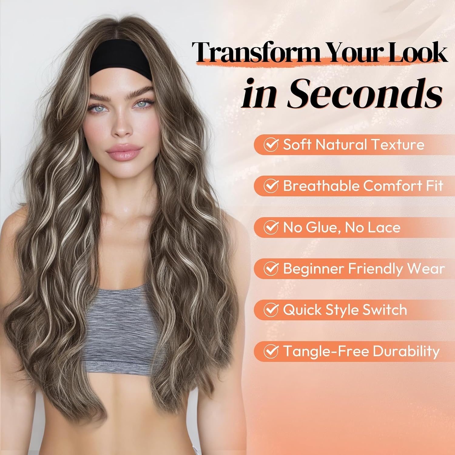 BARSDAR Body Wave Headband Pruik 66 cm - Asbruin met Blonde Highlights