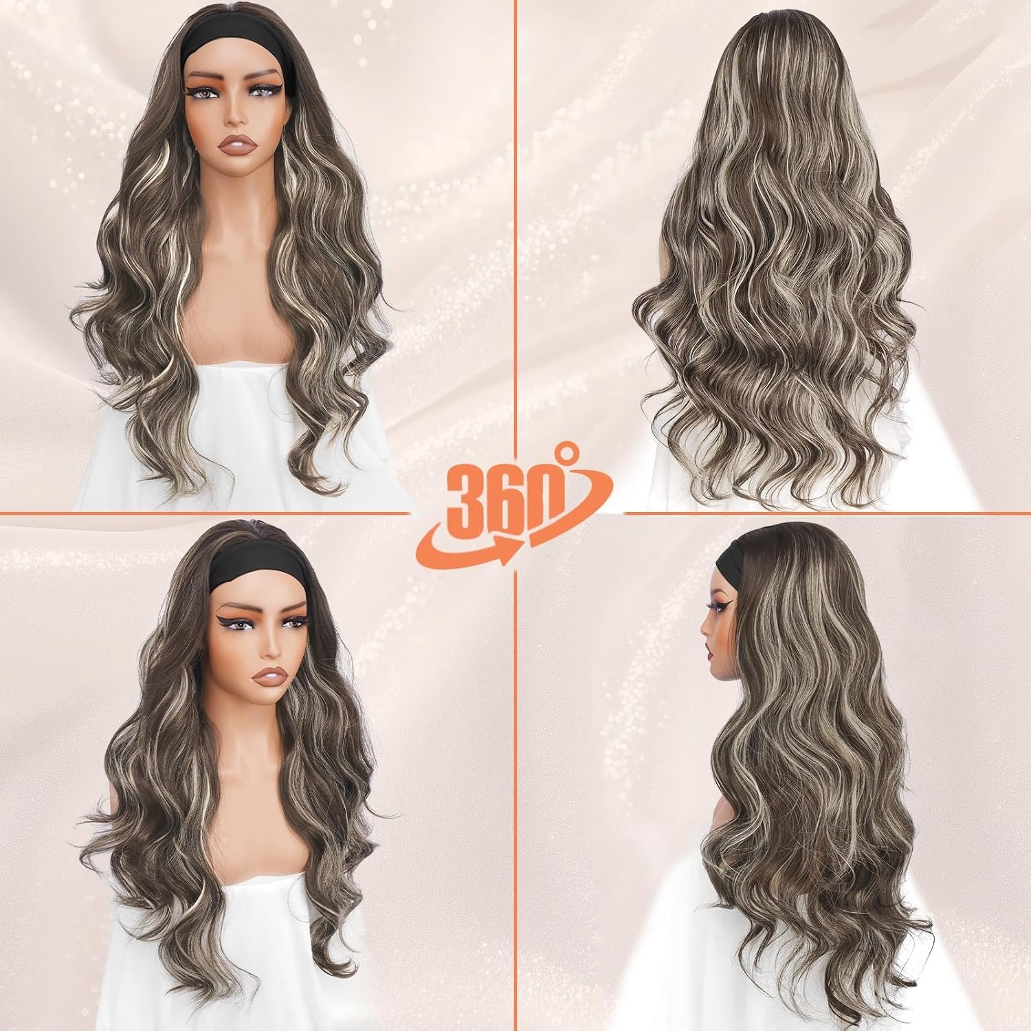 BARSDAR Body Wave Headband Pruik 66 cm - Asbruin met Blonde Highlights