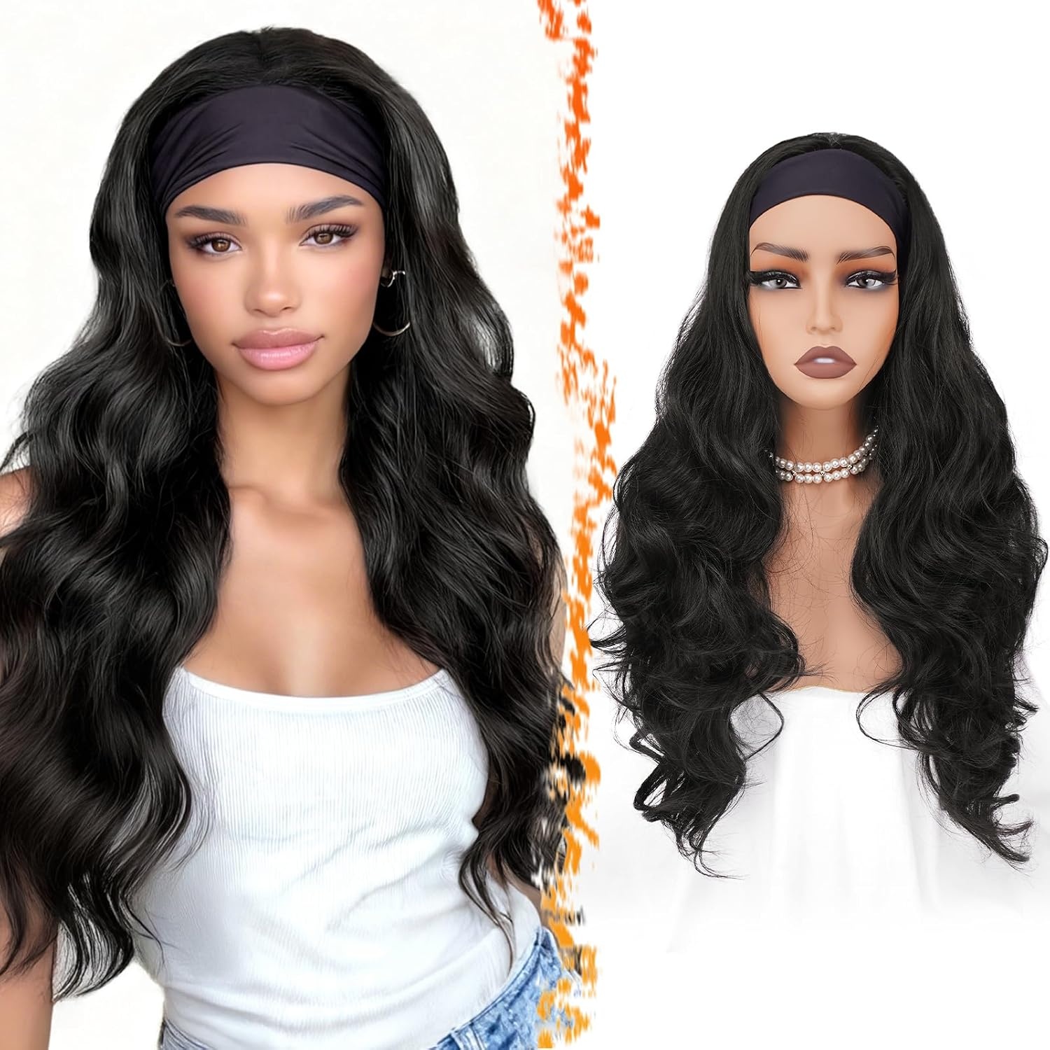 BARSDAR Body Wave Headband Pruik 66 cm - Asbruin met Blonde Highlights