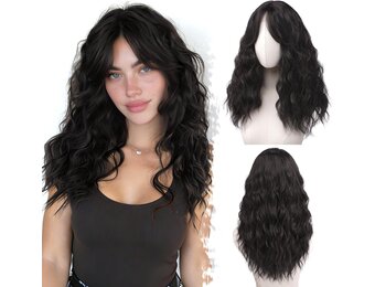 BARSDAR Golvend Bruin Pruik, Medium Lengte Golvend Donker Bruin Pruiken voor Vrouwen 50cm Synthetisch Krullend Pruik met Face-Framing Curtain Bangs Natuurlijke Look Dagelijks Halloween Haar Pruiken