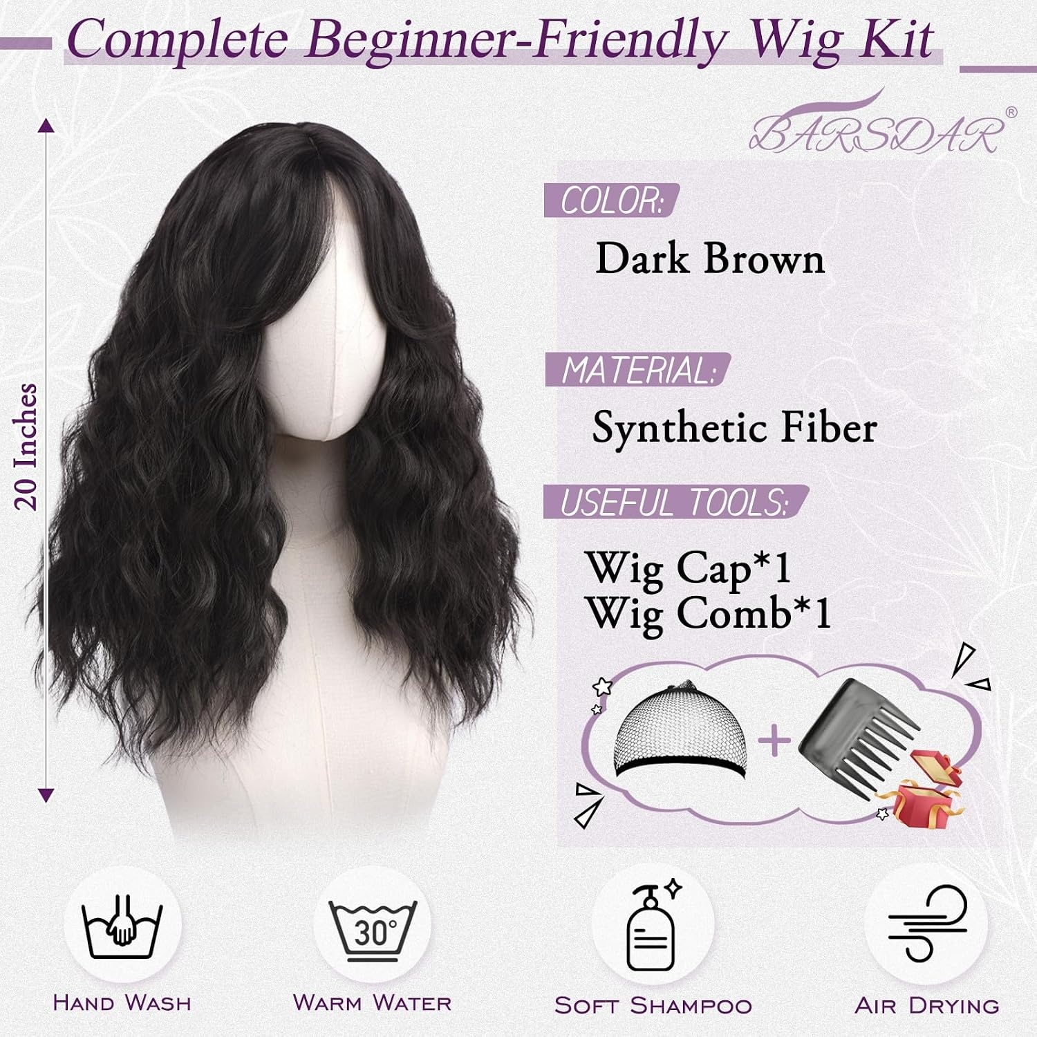 BARSDAR Golvend Bruin Pruik, Medium Lengte Golvend Donker Bruin Pruiken voor Vrouwen 50cm Synthetisch Krullend Pruik met Face-Framing Curtain Bangs Natuurlijke Look Dagelijks Halloween Haar Pruiken