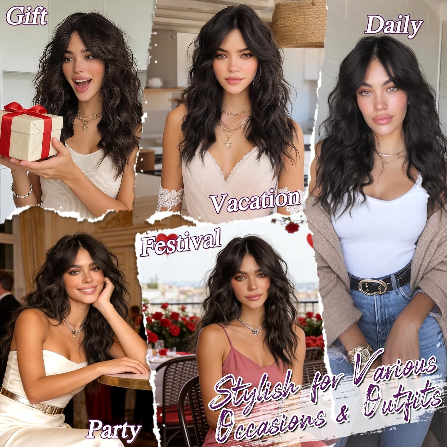 BARSDAR Golvend Bruin Pruik, Medium Lengte Golvend Donker Bruin Pruiken voor Vrouwen 50cm Synthetisch Krullend Pruik met Face-Framing Curtain Bangs Natuurlijke Look Dagelijks Halloween Haar Pruiken